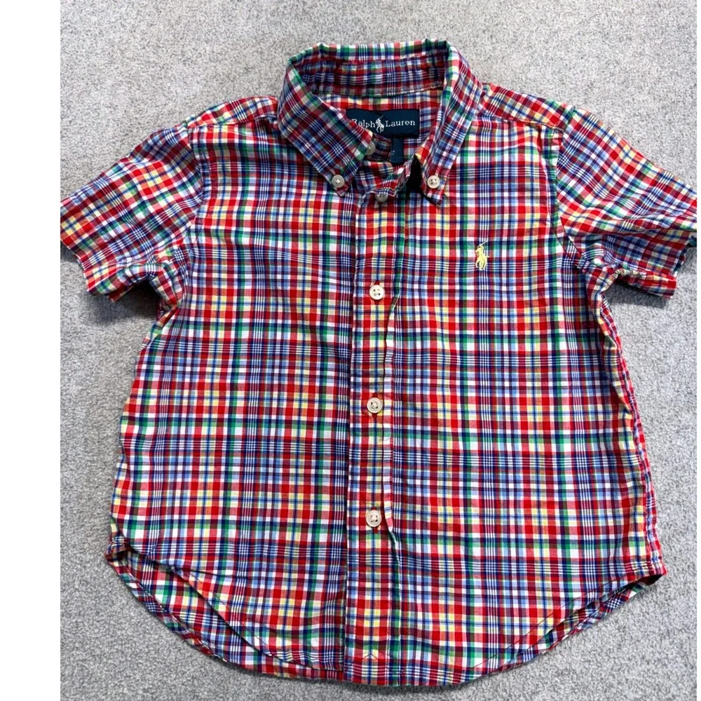 Ralph Lauren Baby Boy 18M Plaid Button Front Shirt Short Sleeve Pony Logo Cotton
